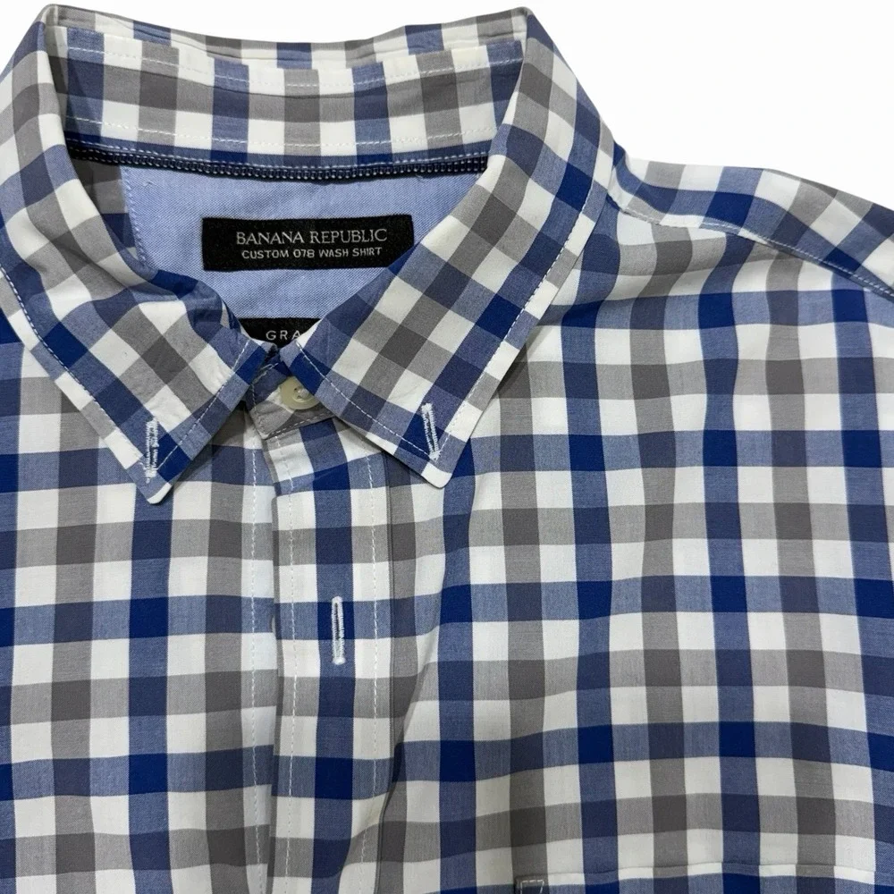 Banana Republic Plaid Shirt Mens M Blue Gray‎ Custom 078 Wash Button Down